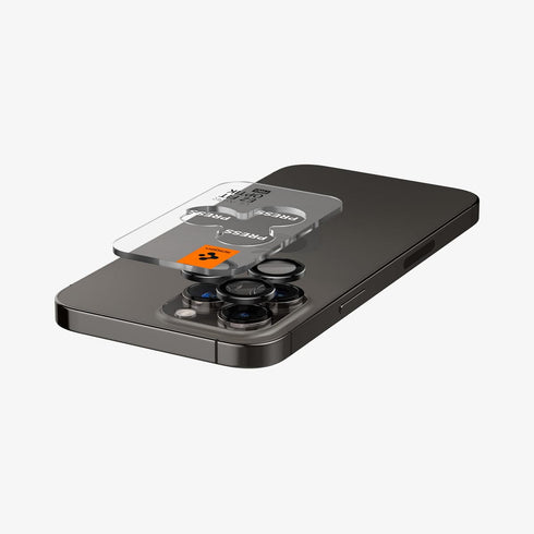 AGL05205 - iPhone 14 Pro / 14 Pro Max Optik Pro Lens Protector in black showing the device